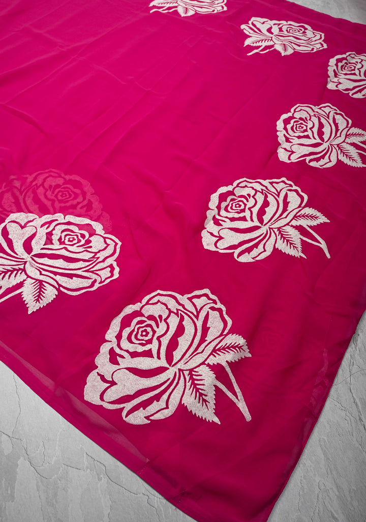 Rani Pink Georgette Saree with Rose Hand Block Print