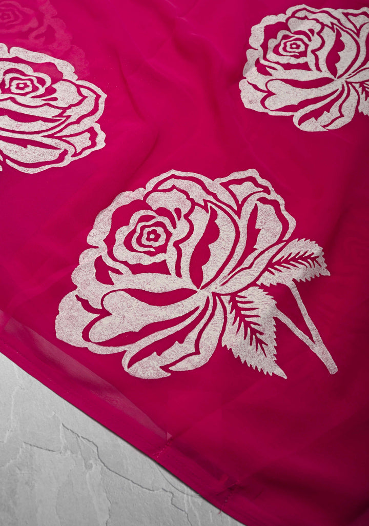 Rani Pink Georgette Saree with Rose Hand Block Print