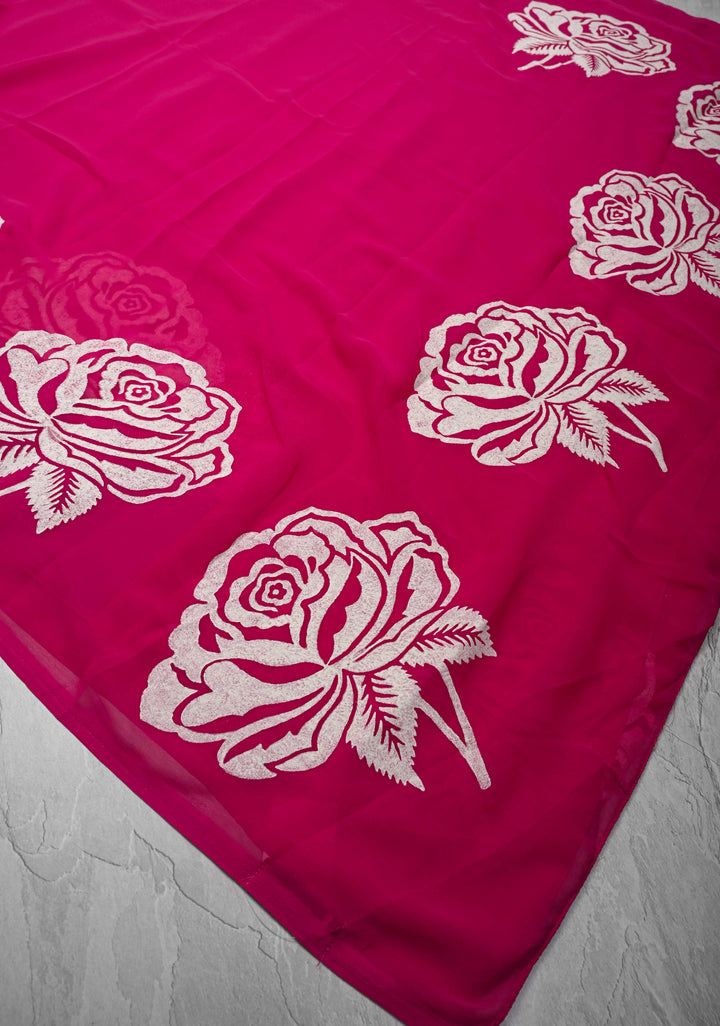 Rani Pink Georgette Saree with Rose Hand Block Print
