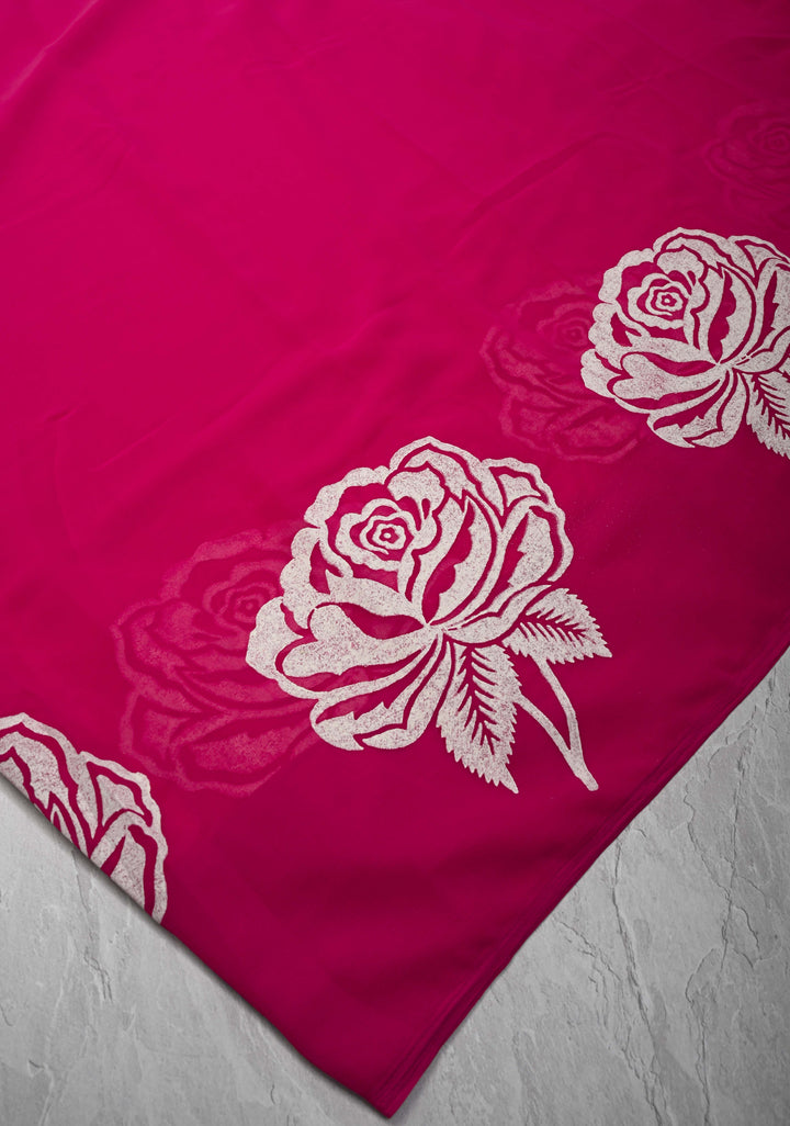 Rani Pink Georgette Saree with Rose Hand Block Print