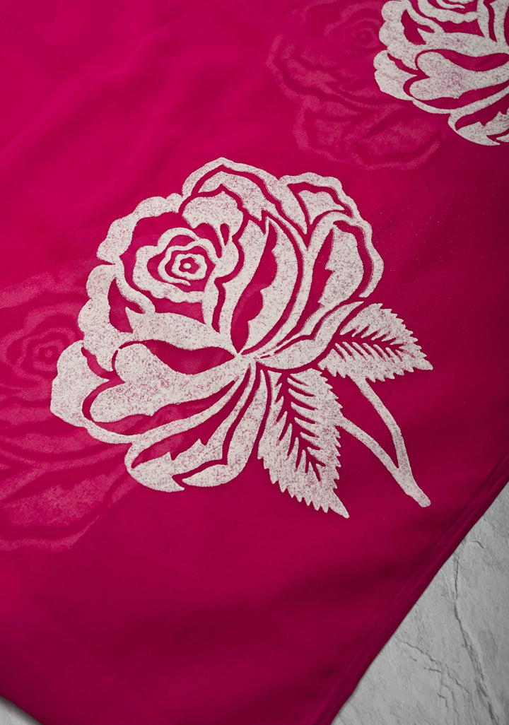 Rani Pink Georgette Saree with Rose Hand Block Print