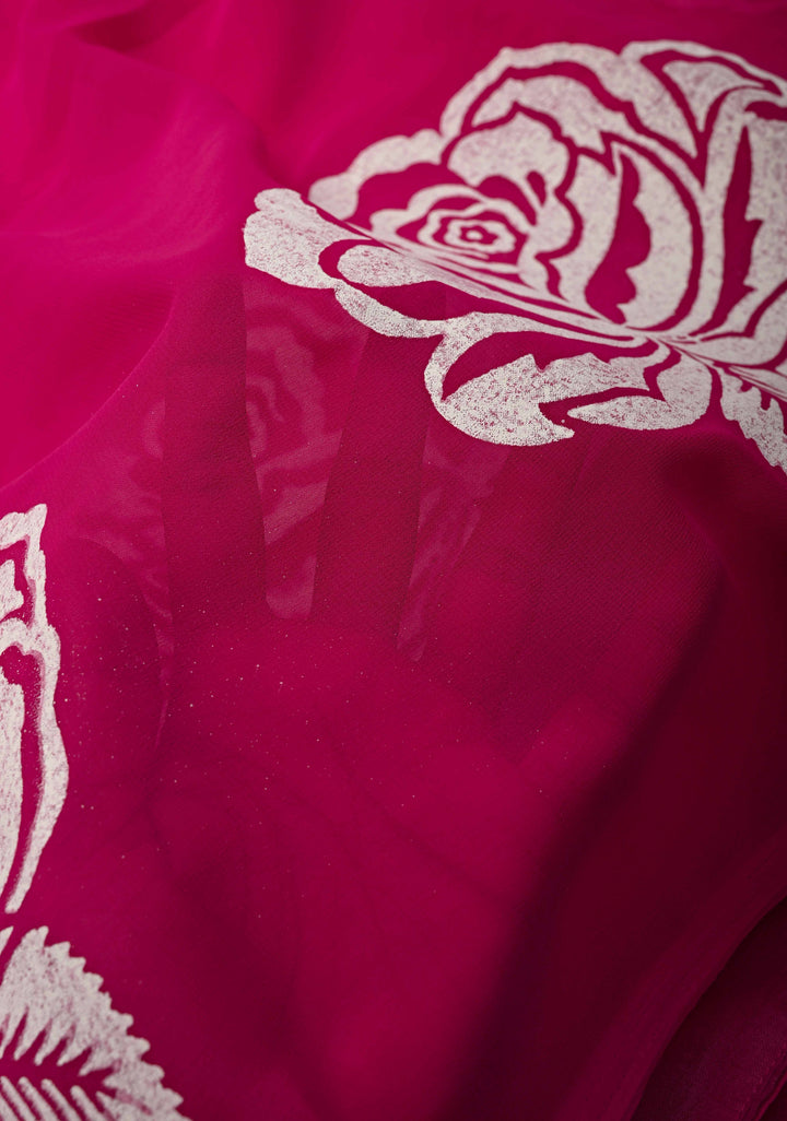 Rani Pink Georgette Saree with Rose Hand Block Print