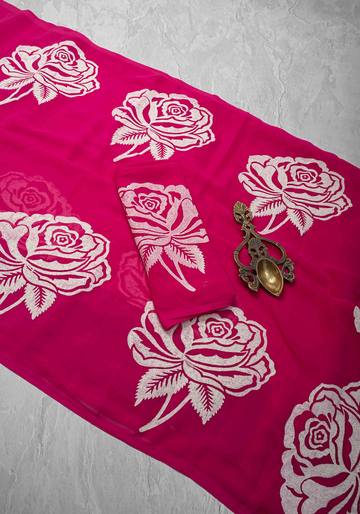 Rani Pink Georgette Saree with Rose Hand Block Print
