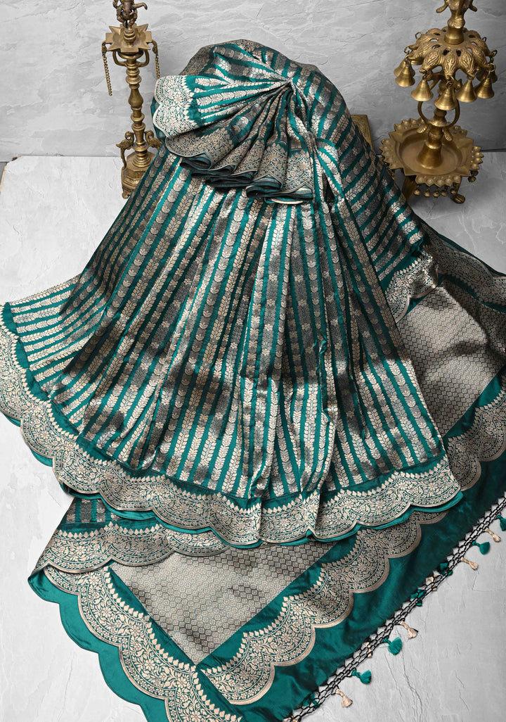 Exquisite Rama Green Banarasi Katan silk saree with Zari Vine Stripes and Scallop Border | SILK MARK CERTIFIED
