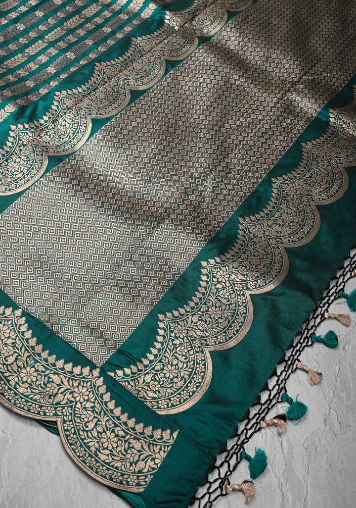 Exquisite Rama Green Banarasi Katan silk saree with Zari Vine Stripes and Scallop Border | SILK MARK CERTIFIED