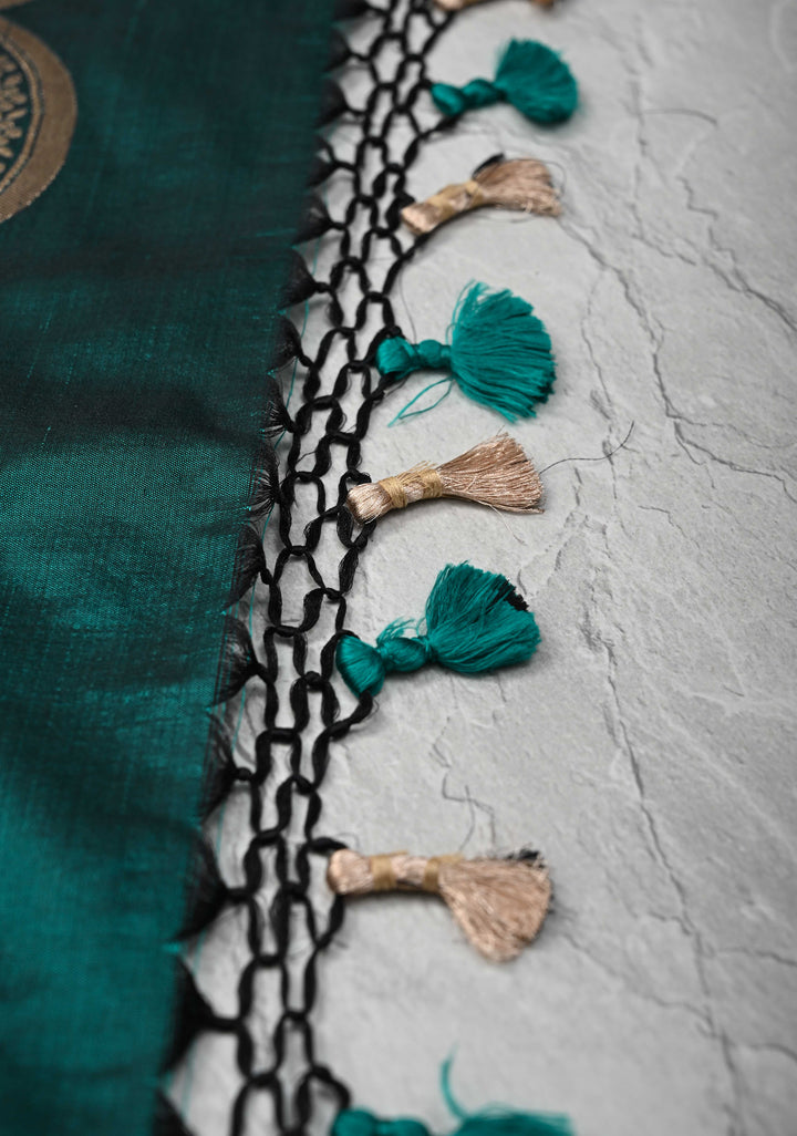 Exquisite Rama Green Banarasi Katan silk saree with Zari Vine Stripes and Scallop Border | SILK MARK CERTIFIED