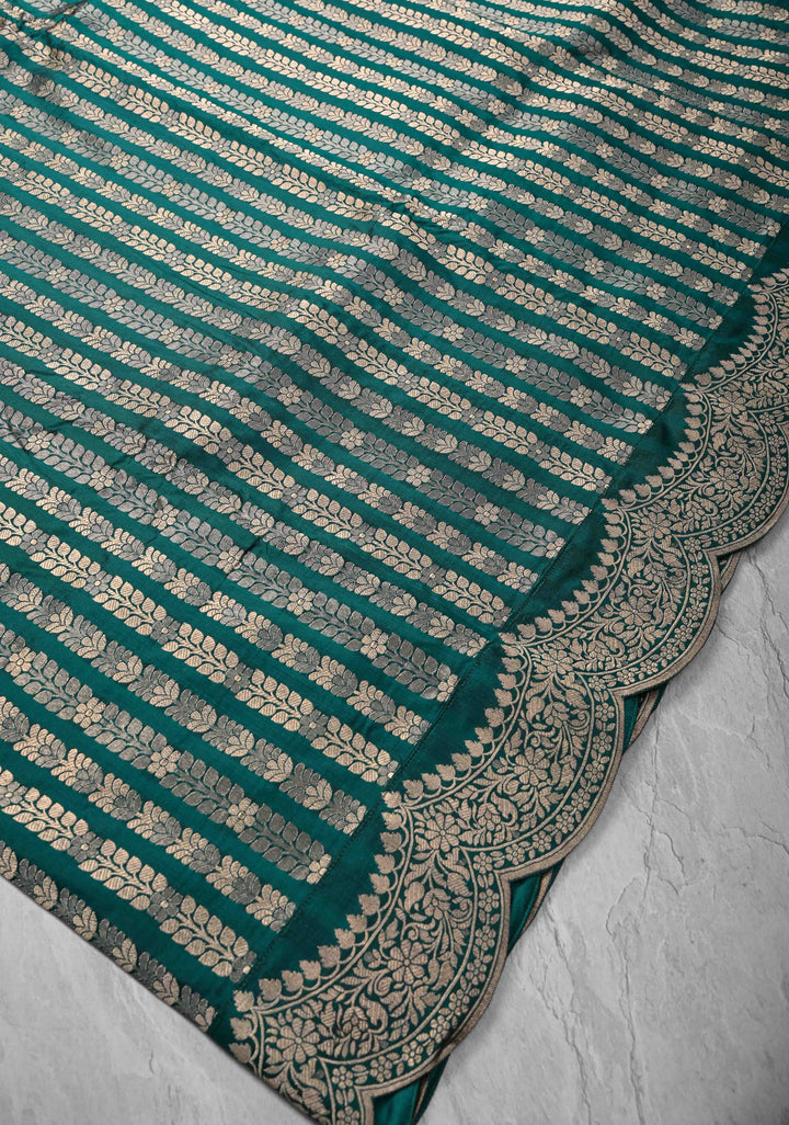 Exquisite Rama Green Banarasi Katan silk saree with Zari Vine Stripes and Scallop Border | SILK MARK CERTIFIED