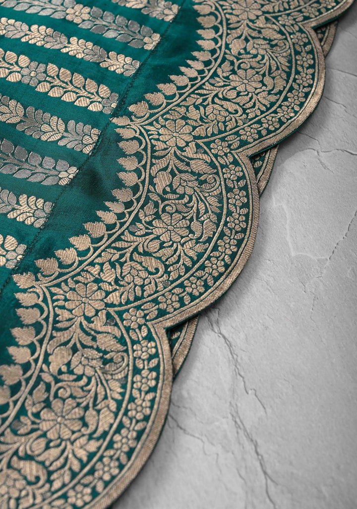 Exquisite Rama Green Banarasi Katan silk saree with Zari Vine Stripes and Scallop Border | SILK MARK CERTIFIED