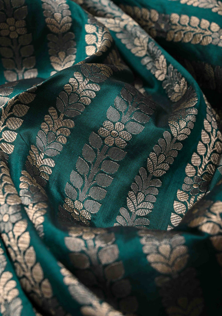 Exquisite Rama Green Banarasi Katan silk saree with Zari Vine Stripes and Scallop Border | SILK MARK CERTIFIED