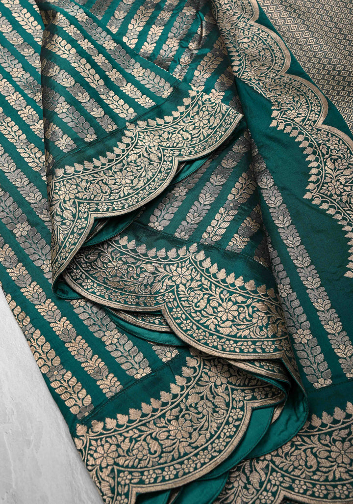 Exquisite Rama Green Banarasi Katan silk saree with Zari Vine Stripes and Scallop Border | SILK MARK CERTIFIED