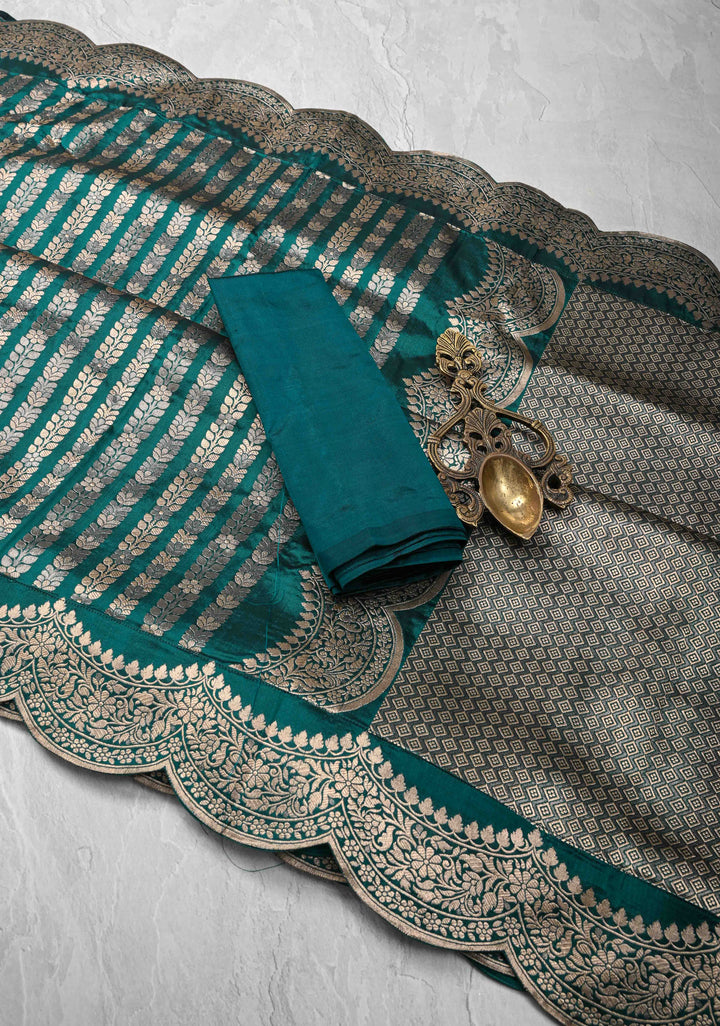 Exquisite Rama Green Banarasi Katan silk saree with Zari Vine Stripes and Scallop Border | SILK MARK CERTIFIED