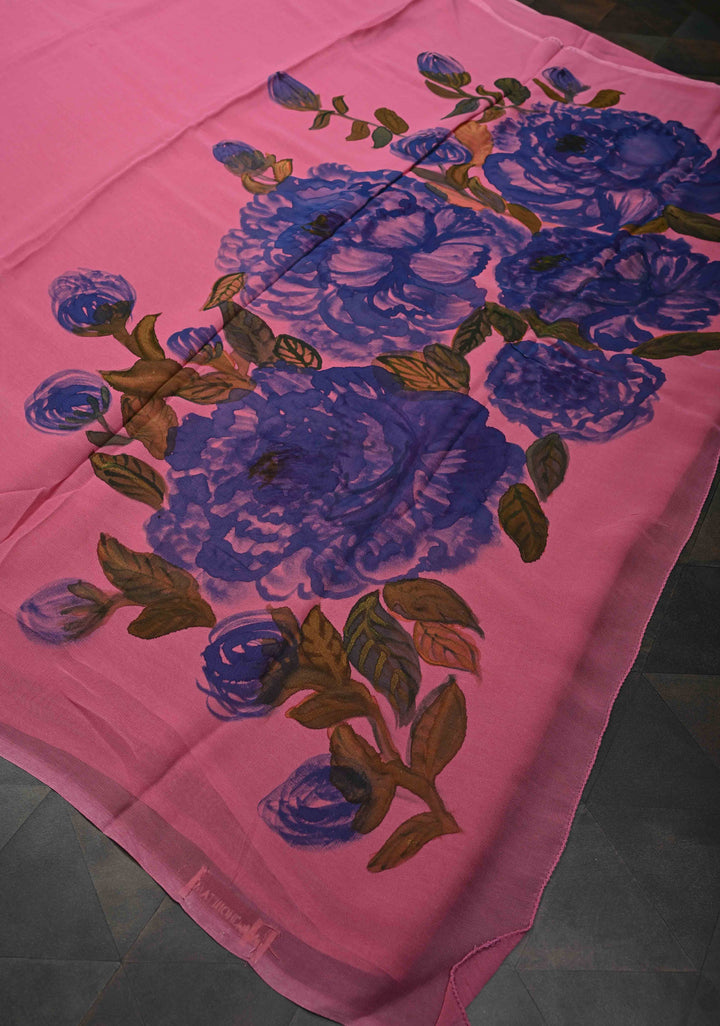 Pink Chiffon Saree with Floral Digital Prints and Blouse Piece