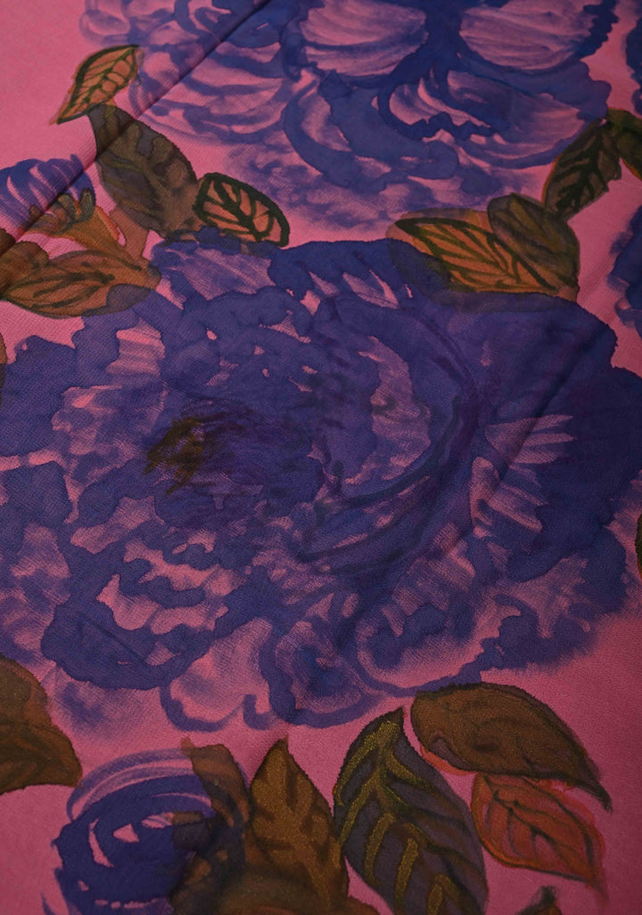 Pink Chiffon Saree with Floral Digital Prints and Blouse Piece