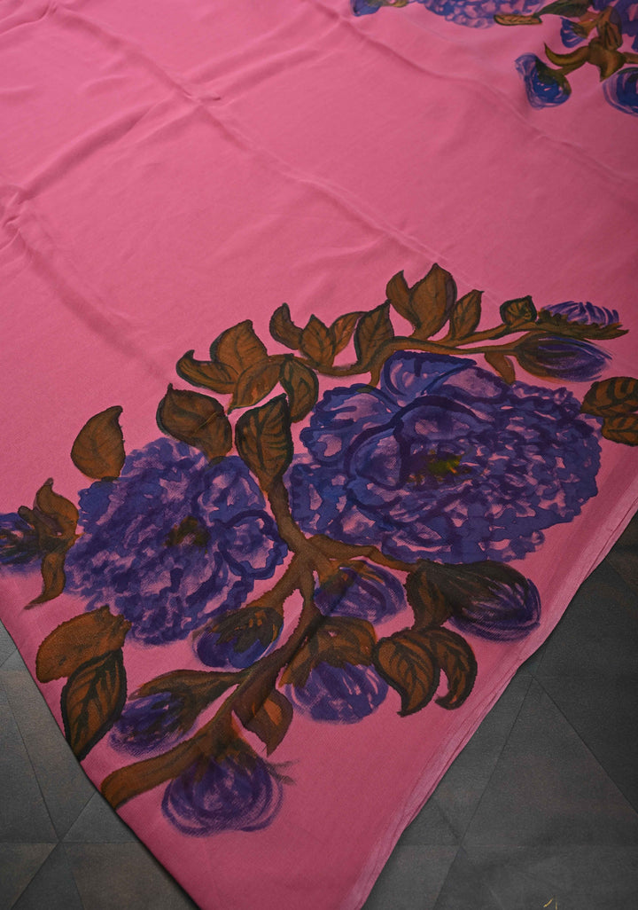 Pink Chiffon Saree with Floral Digital Prints and Blouse Piece