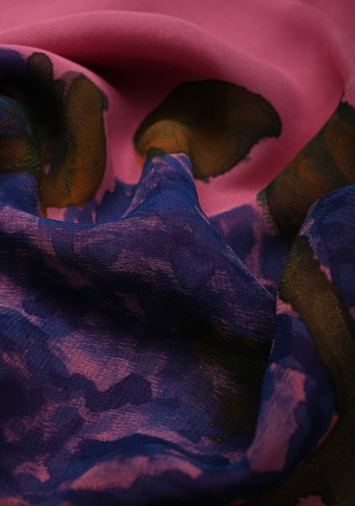 Pink Chiffon Saree with Floral Digital Prints and Blouse Piece