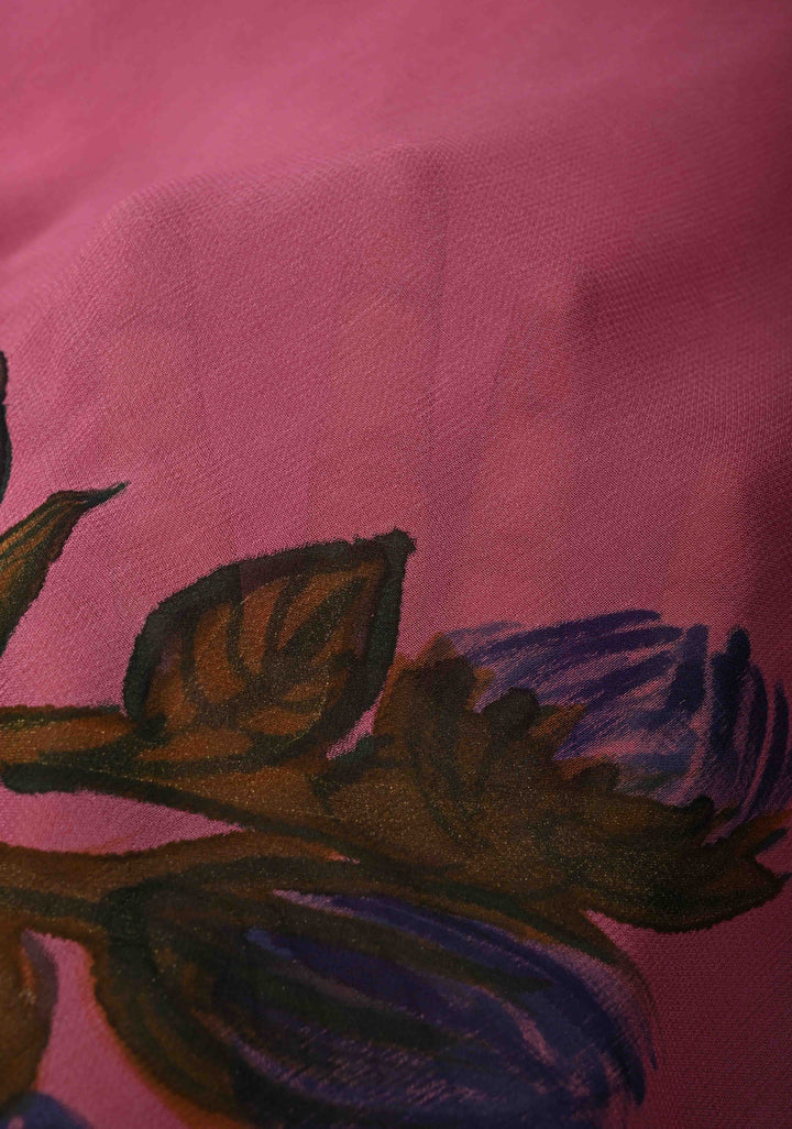 Pink Chiffon Saree with Floral Digital Prints and Blouse Piece