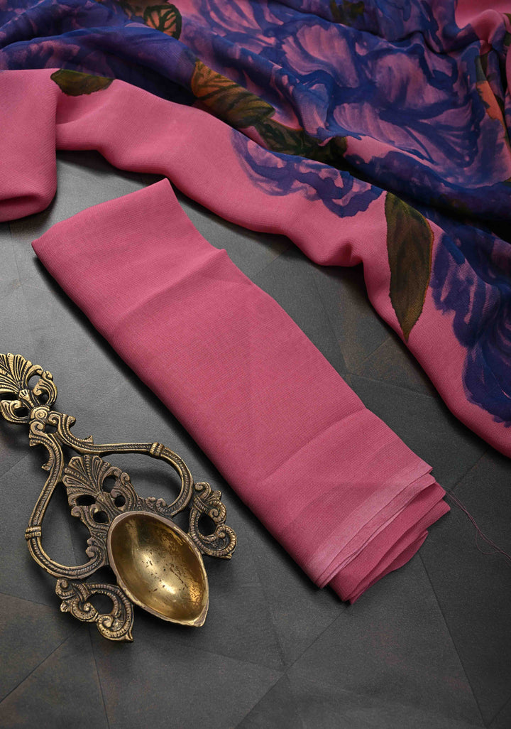 Pink Chiffon Saree with Floral Digital Prints and Blouse Piece