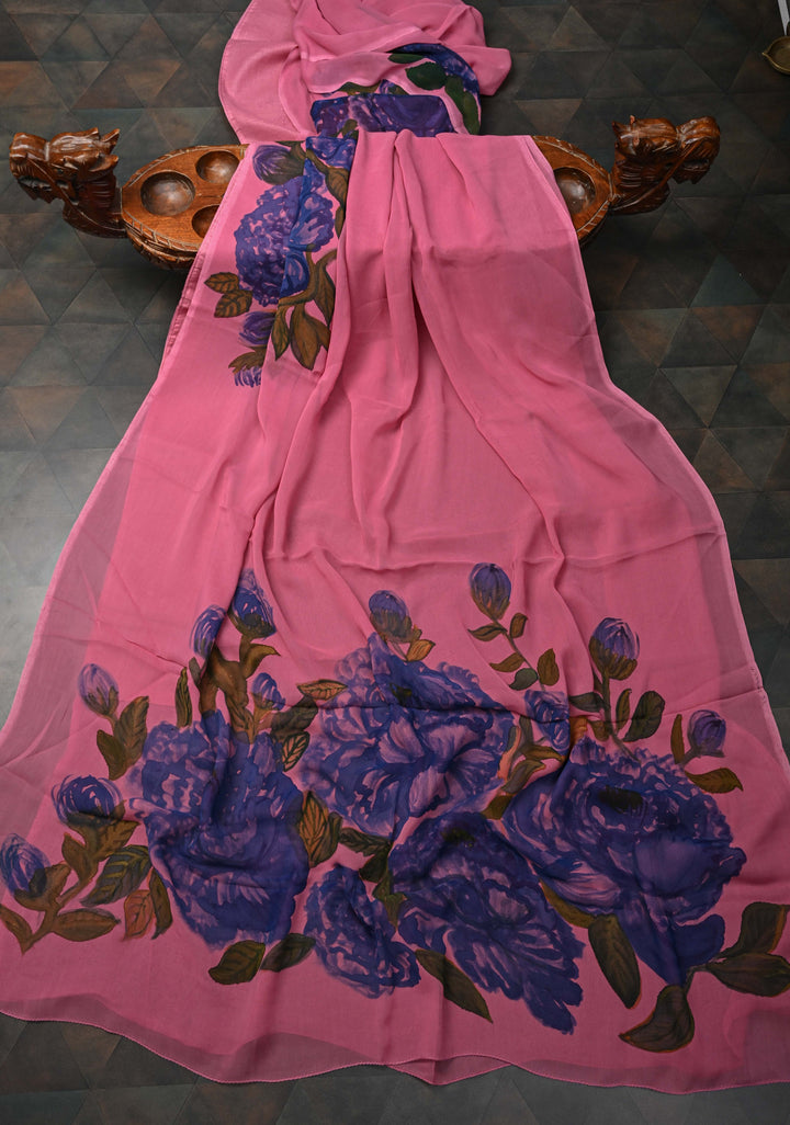 Pink Chiffon Saree with Floral Digital Prints and Blouse Piece