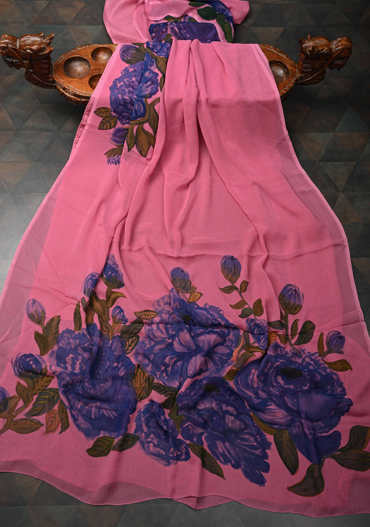 Pink Chiffon Saree with Floral Digital Prints and Blouse Piece