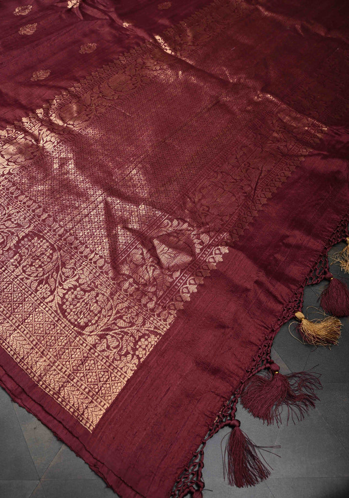 Maroon Banarasi Raw Silk Saree with Antique Zari Buttas and Zari Border | SILK MARK CERTIFIED
