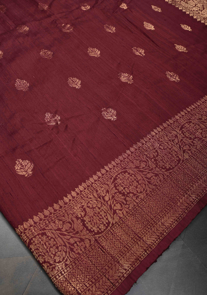 Maroon Banarasi Raw Silk Saree with Antique Zari Buttas and Zari Border | SILK MARK CERTIFIED