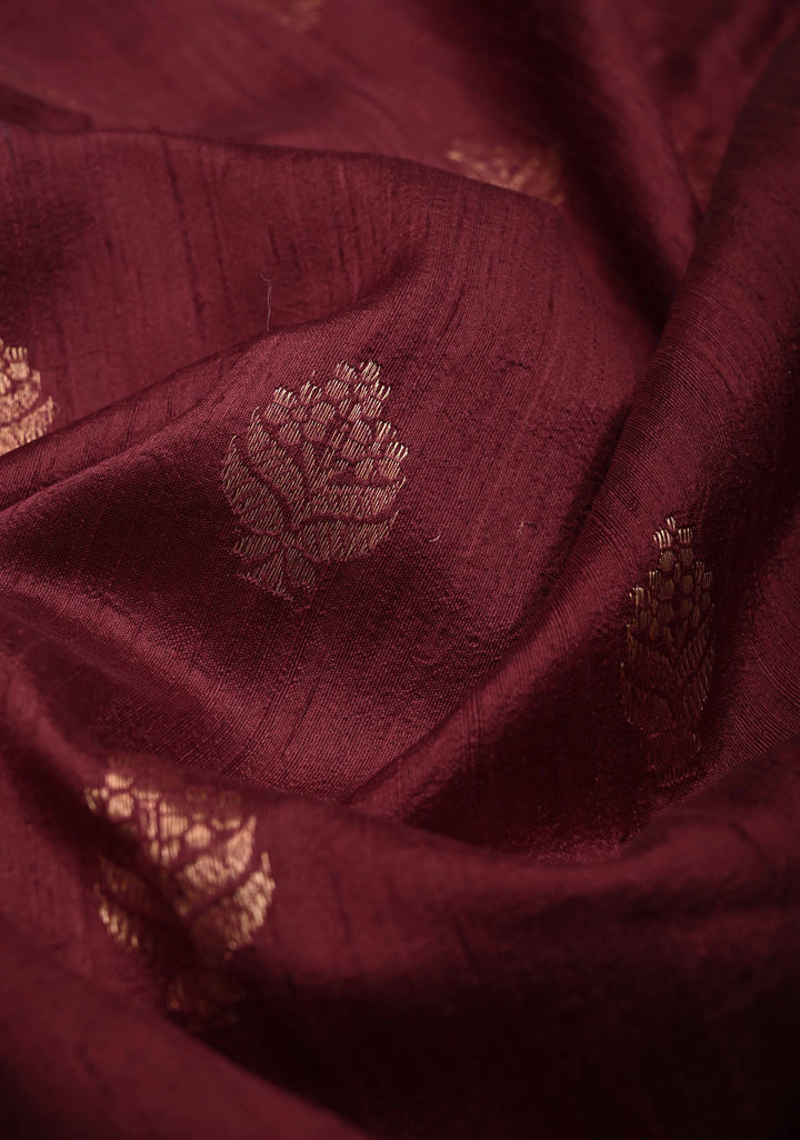 Maroon Banarasi Raw Silk Saree with Antique Zari Buttas and Zari Border | SILK MARK CERTIFIED