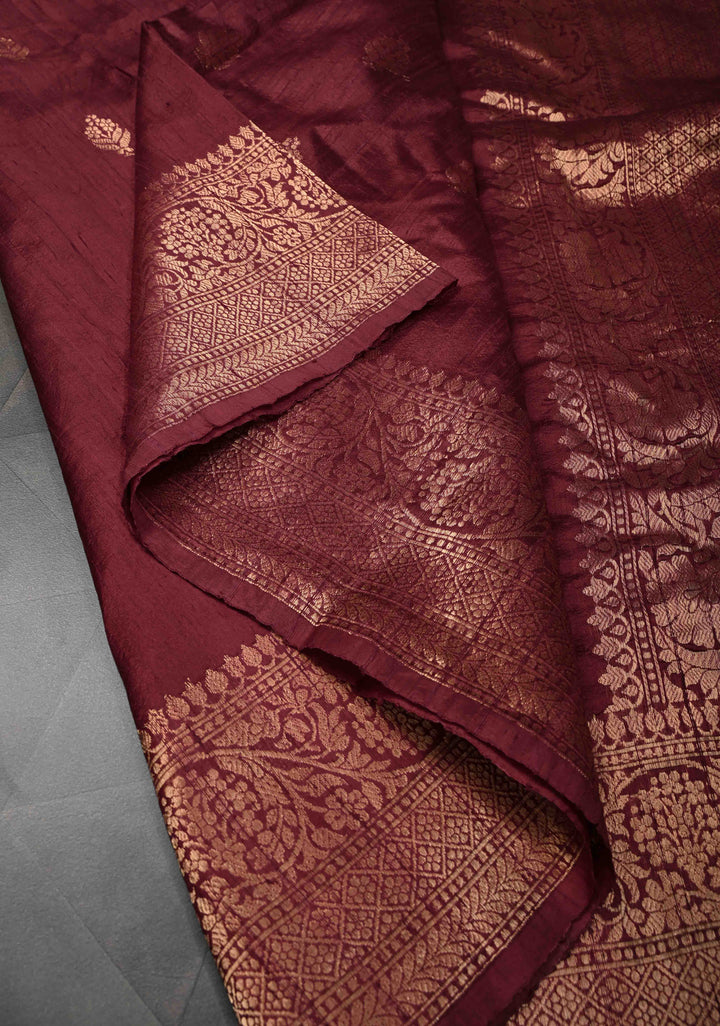 Maroon Banarasi Raw Silk Saree with Antique Zari Buttas and Zari Border | SILK MARK CERTIFIED