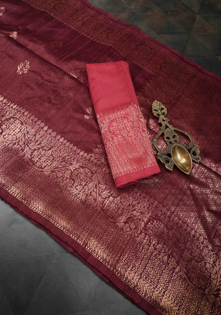 Maroon Banarasi Raw Silk Saree with Antique Zari Buttas and Zari Border | SILK MARK CERTIFIED