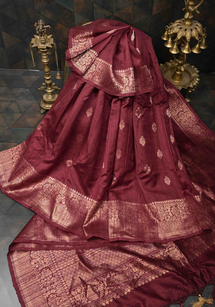 Maroon Banarasi Raw Silk Saree with Antique Zari Buttas and Zari Border | SILK MARK CERTIFIED