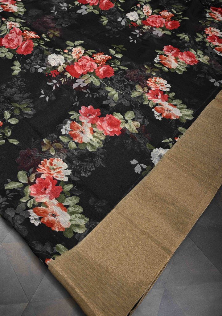 Black Digital prints on soft mercerized cotton with Zari Borders