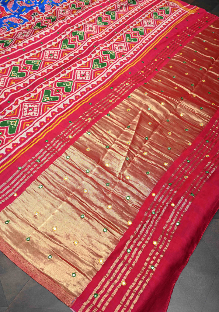 Blue Gajji Silk Saree with Ikkat Print mirror work with Crushed Pallu