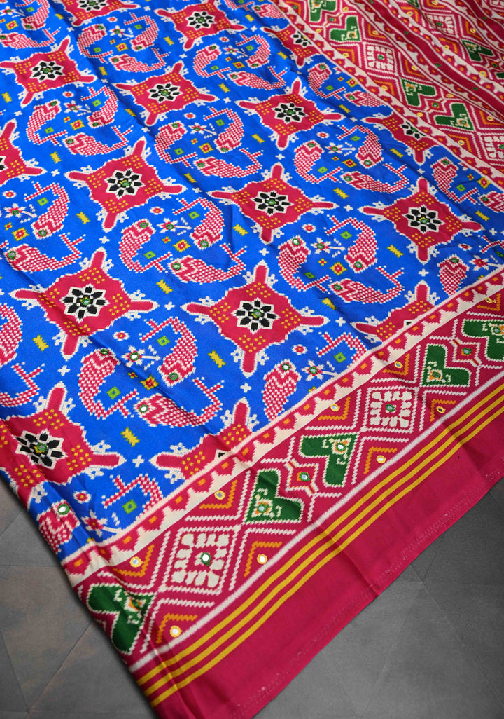 Blue Gajji Silk Saree with Ikkat Print mirror work with Crushed Pallu