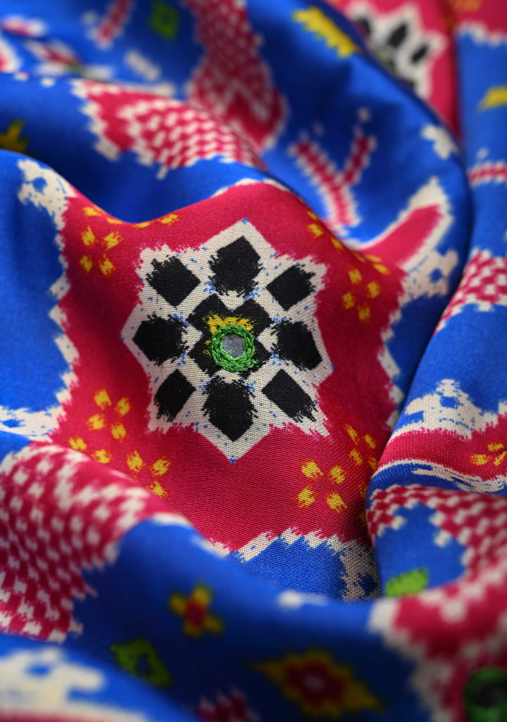 Blue Gajji Silk Saree with Ikkat Print mirror work with Crushed Pallu