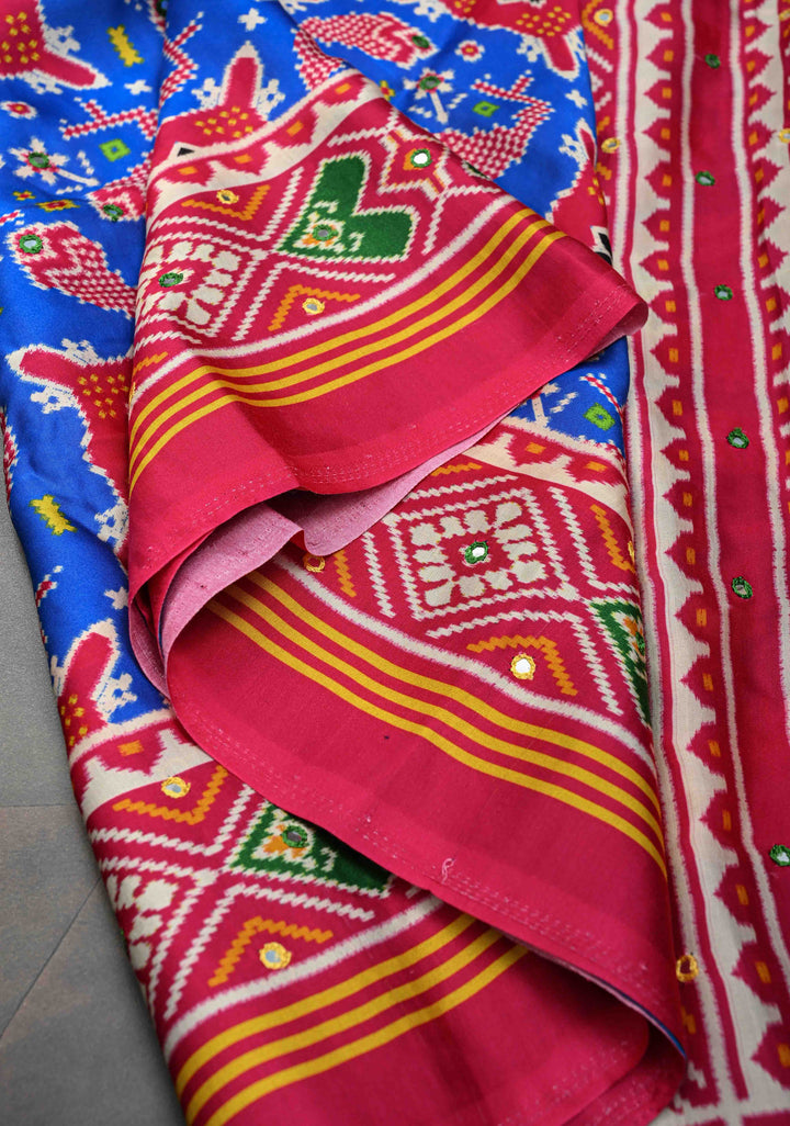 Blue Gajji Silk Saree with Ikkat Print mirror work with Crushed Pallu