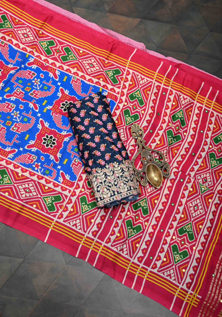 Blue Gajji Silk Saree with Ikkat Print mirror work with Crushed Pallu