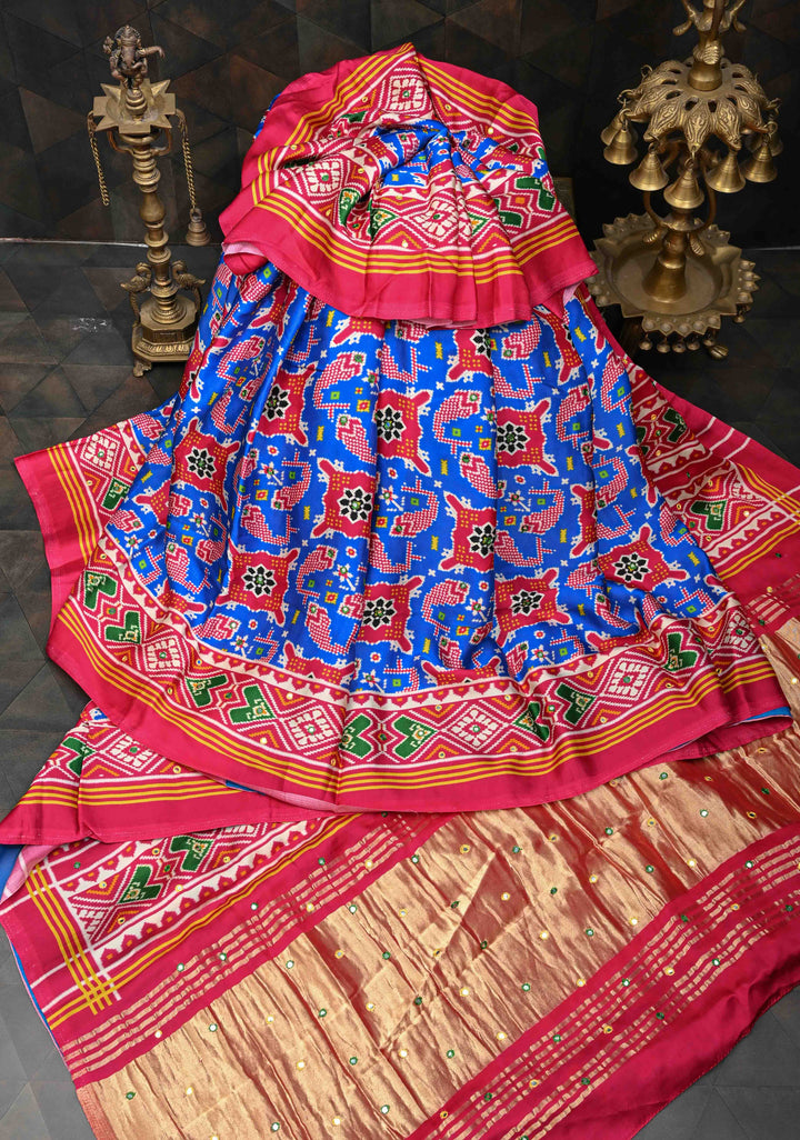 Blue Gajji Silk Saree with Ikkat Print mirror work with Crushed Pallu