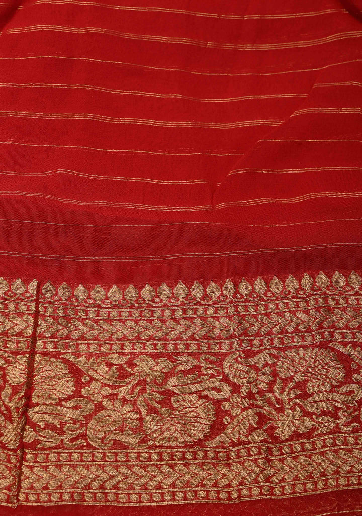 Beige Georgette Silk Banarasi Floral Jaal Saree with Contrast Red Zari Border