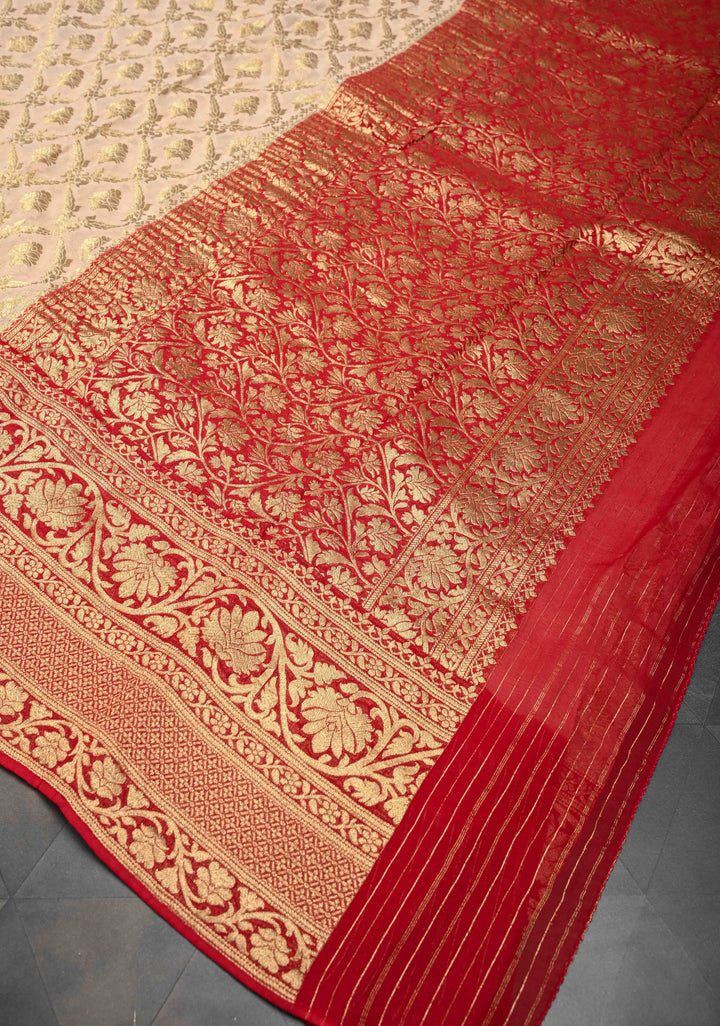 Beige Georgette Silk Banarasi Floral Jaal Saree with Contrast Red Zari Border