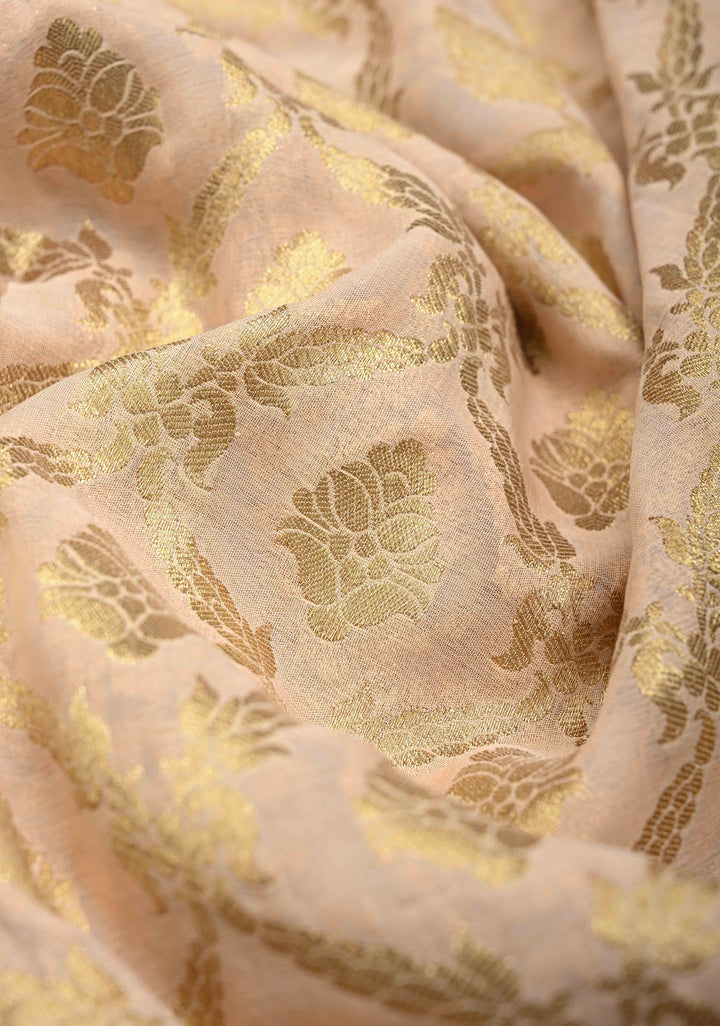 Beige Georgette Silk Banarasi Floral Jaal Saree with Contrast Red Zari Border