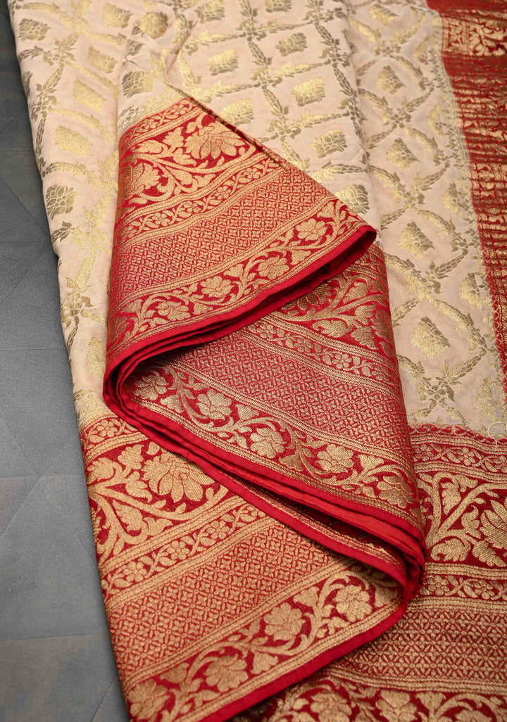 Beige Georgette Silk Banarasi Floral Jaal Saree with Contrast Red Zari Border