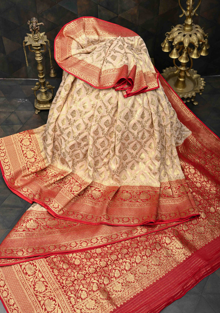 Beige Georgette Silk Banarasi Floral Jaal Saree with Contrast Red Zari Border