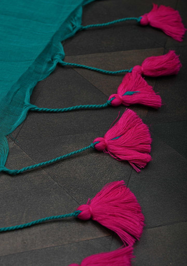 Teal Green Mulmul Cotton Saree with Long tassels, No Blouse Piece