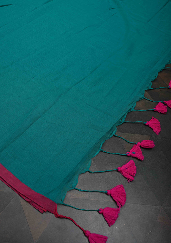 Teal Green Mulmul Cotton Saree with Long tassels, No Blouse Piece