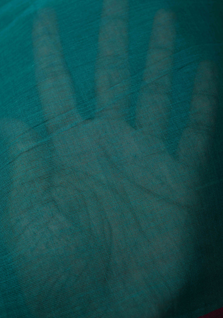 Teal Green Mulmul Cotton Saree with Long tassels, No Blouse Piece