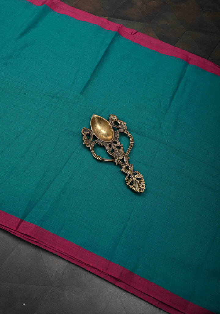 Teal Green Mulmul Cotton Saree with Long tassels, No Blouse Piece