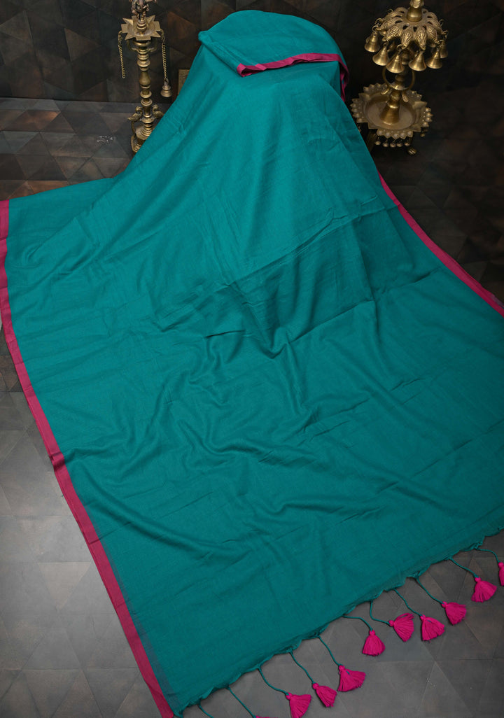 Teal Green Mulmul Cotton Saree with Long tassels, No Blouse Piece