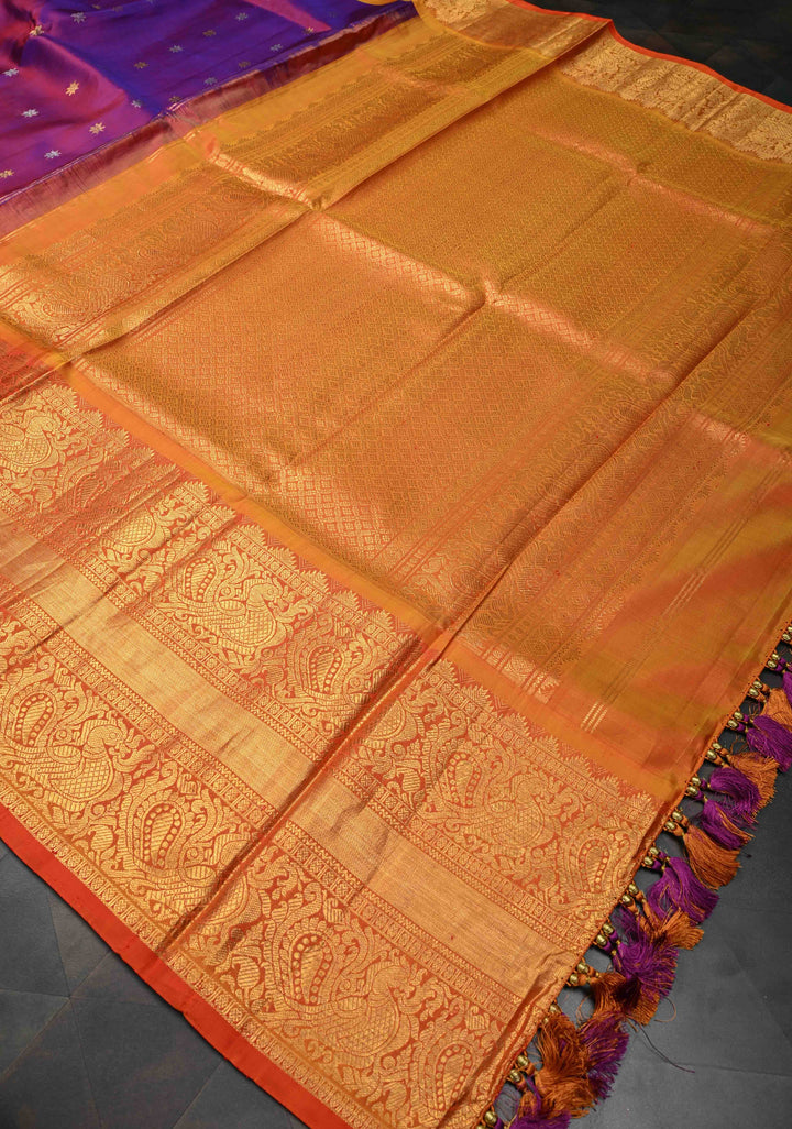 Purple Dual Tone Gadwal Silk Saree with Gold-Silver Buttas and Contrast Wide Zari Border | SILK MARK CERTIFIED