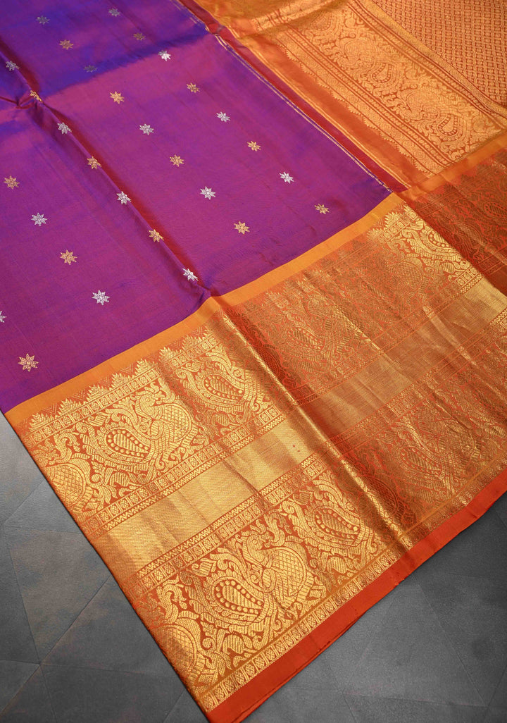 Purple Dual Tone Gadwal Silk Saree with Gold-Silver Buttas and Contrast Wide Zari Border | SILK MARK CERTIFIED