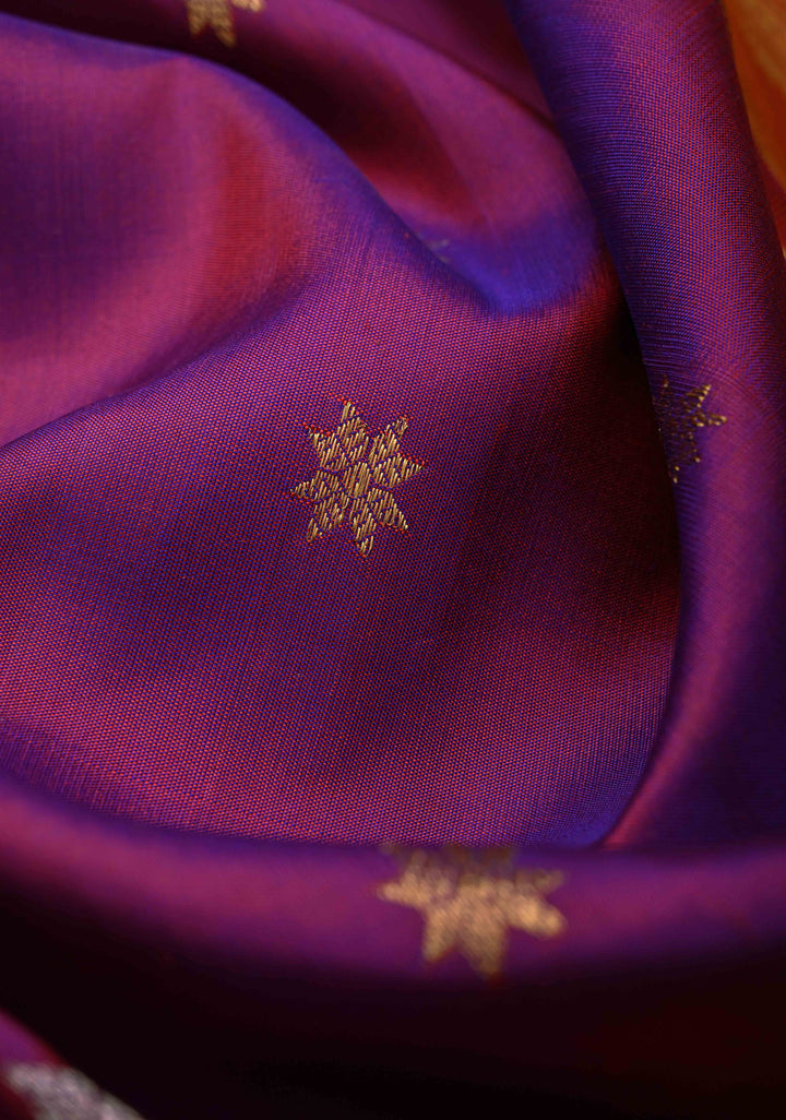 Purple Dual Tone Gadwal Silk Saree with Gold-Silver Buttas and Contrast Wide Zari Border | SILK MARK CERTIFIED
