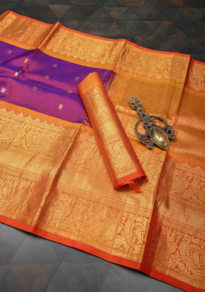 Purple Dual Tone Gadwal Silk Saree with Gold-Silver Buttas and Contrast Wide Zari Border | SILK MARK CERTIFIED